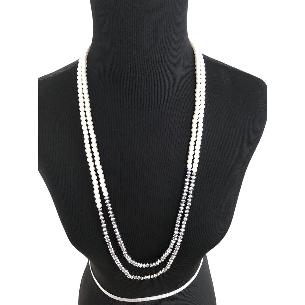 Cato Pearl and Silver Color beaded double layer Long Necklace - Picture 2 of 7